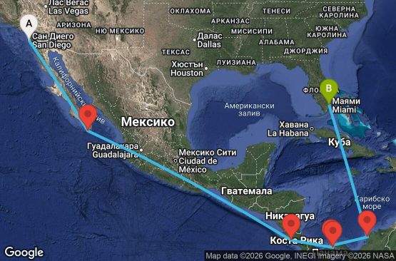Маршрут на круиз 14 дни САЩ, Мексико, Коста Рика, Панама, Колумбия - UX66