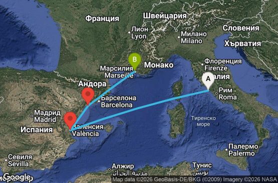 Маршрут на круиз 4 дни Италия, Испания, Франция - UZJY