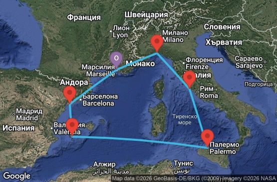 Маршрут на круиз 7 дни Франция, Италия, Испания - UZJS