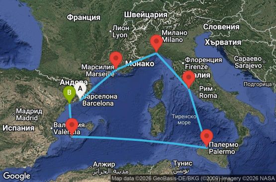 Маршрут на круиз 7 дни Испания, Франция, Италия - UZJR