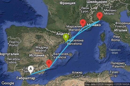 Маршрут на круиз 5 дни Испания, Франция, Италия - AGP05A04