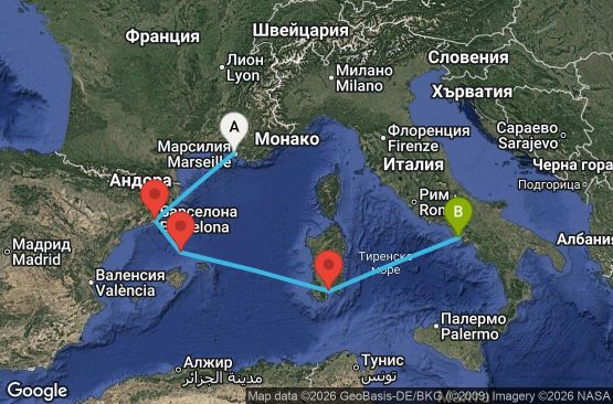 Маршрут на круиз 4 дни Франция, Испания, Италия - MRS04A3Z