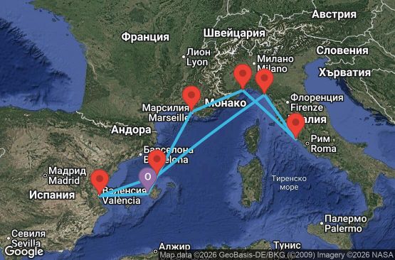 Маршрут на круиз 7 дни Испания, Италия, Франция - PMI07A5D