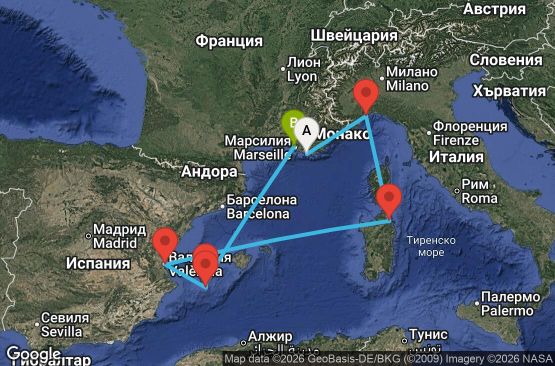 Маршрут на круиз 7 дни Франция, Италия, Испания - YNE07A2R