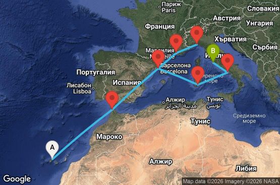 Маршрут на круиз 12 дни Испания, Мароко, Франция, Италия - TCI12A0A