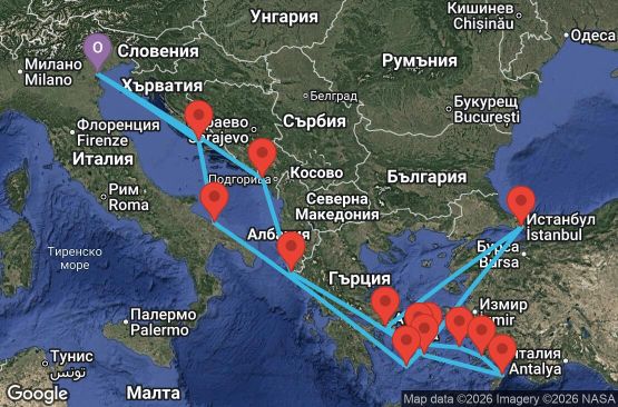 Маршрут на круиз 19 дни Италия, Черна гора, Гърция, Турция, Хърватия - EP20270414FSAFSA