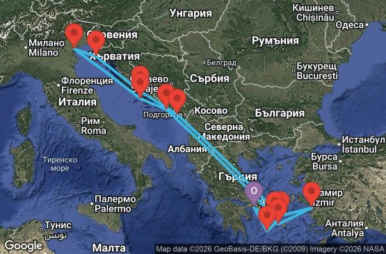 Маршрут на круиз 14 дни Гърция, Турция, Хърватия, Италия, Черна гора - EP20270809PIRPIR