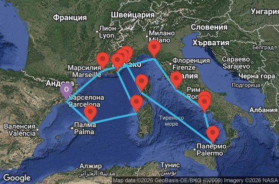 Маршрут на круиз 14 дни Испания, Италия, Франция, Монако - EX20270823BCNBCN