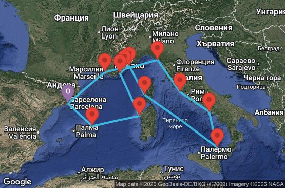 Маршрут на круиз 14 дни Испания, Италия, Франция, Монако - EX20270920BCNBCN