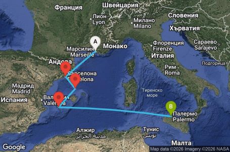 Маршрут на круиз 4 дни Франция, Испания, Италия - MRS04A47