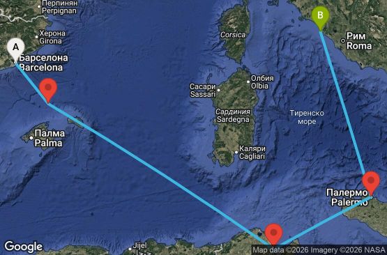 Маршрут на круиз 4 дни Испания, Тунис, Италия - BCN04A5O