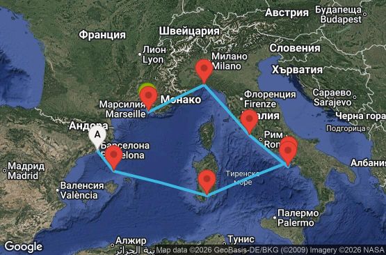 Маршрут на круиз 6 дни Испания, Италия, Франция - BCN06A2H