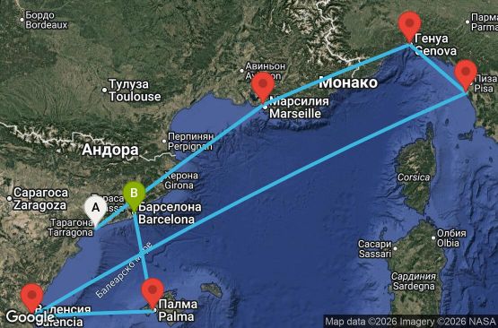 Маршрут на круиз 7 дни Испания, Франция, Италия - UYKZ