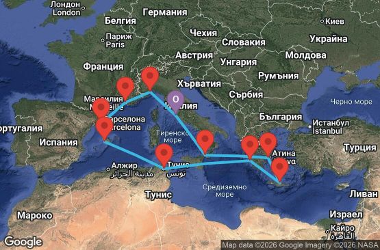 Маршрут на круиз 14 дни Италия, Гърция, Тунис, Испания, Франция - CIV14A2B