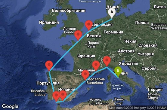 Маршрут на круиз 13 дни Германия, Белгия, Франция, Испания, Италия - HAM13A03