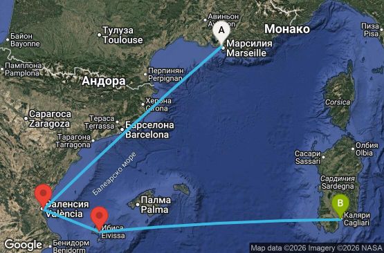 Маршрут на круиз 4 дни Франция, Испания, Италия - UZMO