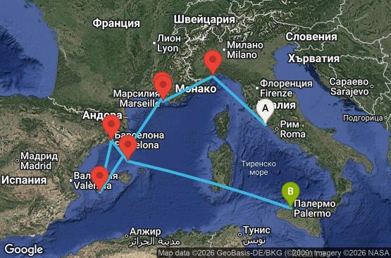 Маршрут на круиз 6 дни Италия, Франция, Балеарски острови, Испания - CIV06A1Z