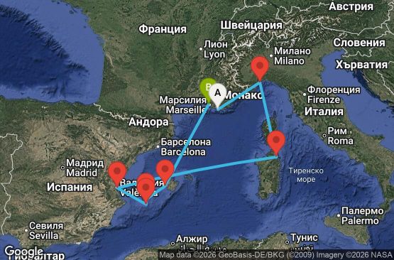 Маршрут на круиз 7 дни Франция, Италия, Испания - YNE07A2X