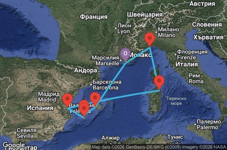Маршрут на круиз 7 дни Франция, Италия, Испания - YNE07A31