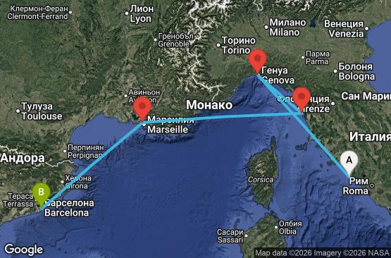 Маршрут на круиз 4 дни Италия, Франция, Испания - UZO9