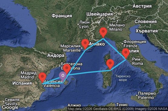 Маршрут на круиз 7 дни Испания, Италия, Франция - PMI07A5E