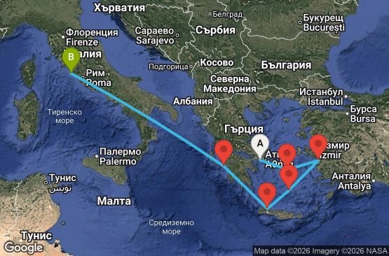 Маршрут на круиз 7 дни Гърция, Турция, Италия - BR07M813