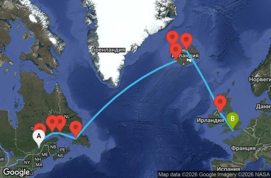 Маршрут на круиз 18 дни Канада, Исландия, Ирландия, Великобритания - EO20280518QUESOU