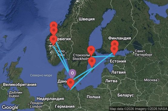 Маршрут на круиз 14 дни Дания, Норвегия, Германия, Финландия, Естония, Швеция - EO20280916CPHCP1