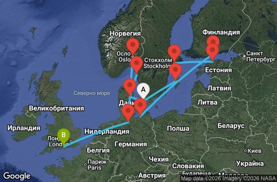 Маршрут на круиз 14 дни Дания, Германия, Финландия, Естония, Швеция, Норвегия, Великобритания - EO20280923CPHSOU