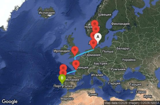 Маршрут на круиз 14 дни Дания, Швеция, Норвегия, Германия, Великобритания, Франция, Испания, Португалия - EO20280930CPHLIS