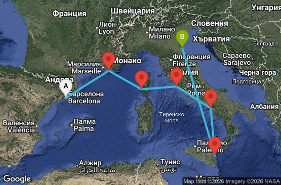 Маршрут на круиз 7 дни Испания, Франция, Италия - EX07M854