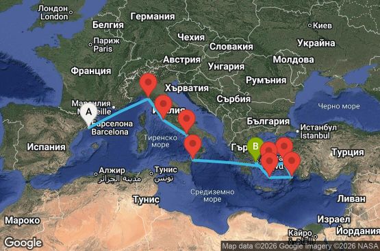 Маршрут на круиз 11 дни Испания, Италия, Гърция, Турция - RH11M318