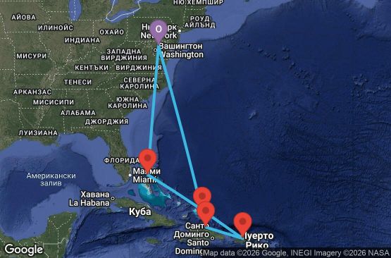 Маршрут на круиз 11 дни САЩ, Търкс и Кайкос, Доминиканска република, Пуерто Рико, Бахамските острови - VI11D102