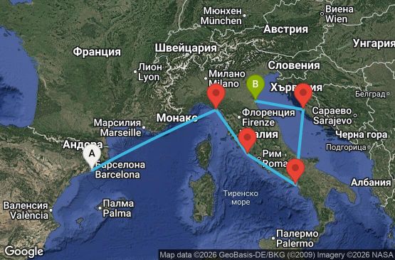 Маршрут на круиз 7 дни Испания, Италия, Хърватия - BR07M885