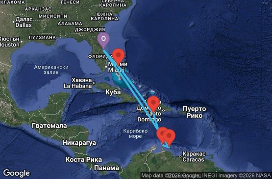 Маршрут на круиз 8 дни САЩ, Бахамските острови, Доминиканска република, Нидерландски Антили - AD08D133