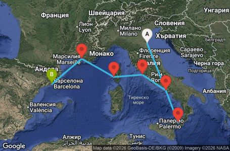 Маршрут на круиз 7 дни Италия, Франция, Испания - EX07M808