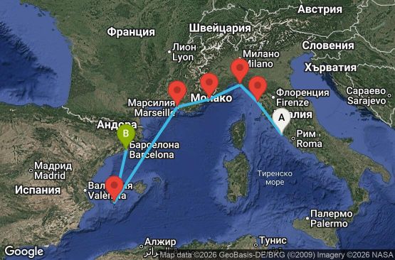 Маршрут на круиз 7 дни Италия, Франция, Испания - BR07M814