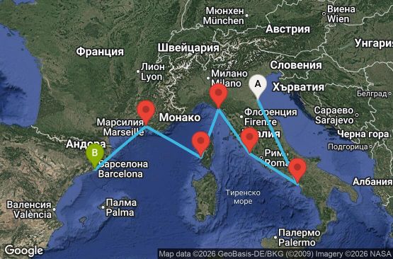 Маршрут на круиз 7 дни Италия, Франция, Испания - BR07M823