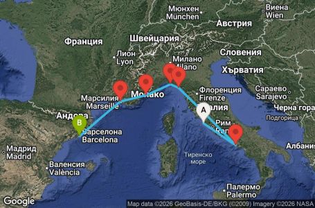 Маршрут на круиз 9 дни Италия, Франция, Испания - EQ09M324