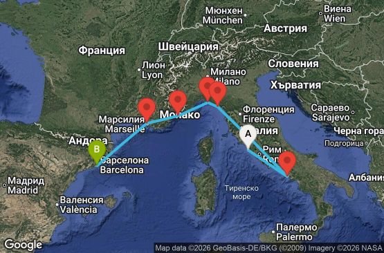 Маршрут на круиз 9 дни Италия, Франция, Испания - EQ09M324