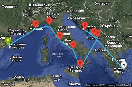 Маршрут на круиз 12 дни Гърция, Хърватия, Черна гора, Италия, Франция, Испания - IN12M647