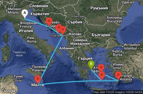 Маршрут на круиз 11 дни Италия, Хърватия, Черна гора, Малта, Гърция - EC11U149