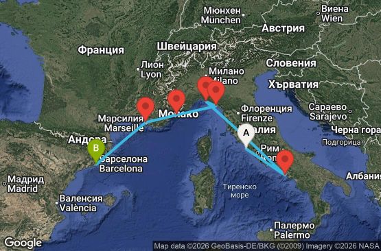 Маршрут на круиз 9 дни Италия, Франция, Испания - EQ09M327