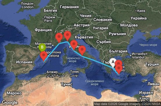 Маршрут на круиз 11 дни Гърция, Италия, Франция, Испания - EC11U151