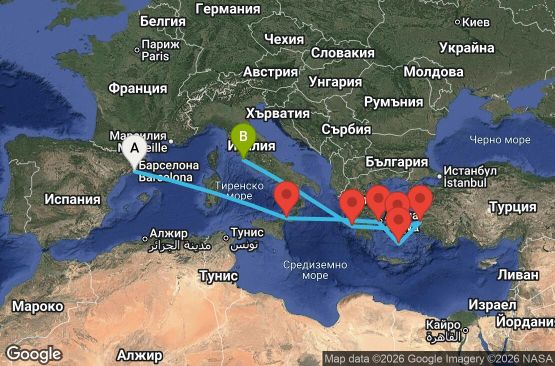 Маршрут на круиз 10 дни Испания, Италия, Гърция, Турция - EQ10M380