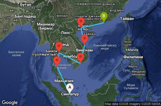 Маршрут на круиз 12 дни Сингапур, Тайланд, Виетнам, Хонконг - SL12I209