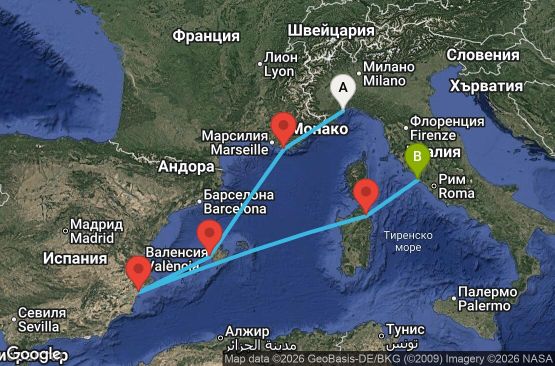Маршрут на круиз 6 дни Италия, Франция, Испания - SVN06A3I