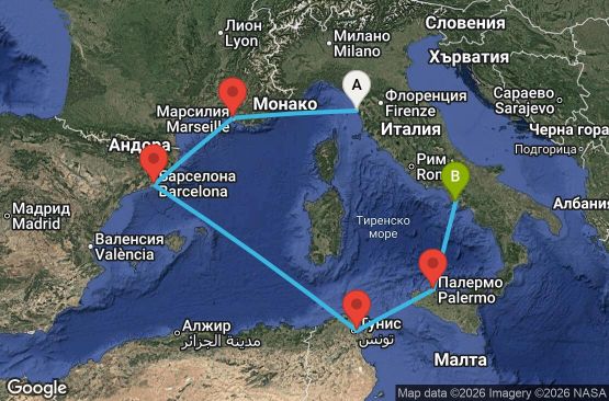 Маршрут на круиз 6 дни Италия, Франция, Испания, Тунис - UZP5