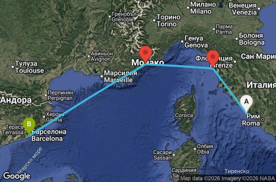 Маршрут на круиз 4 дни Италия, Франция, Испания - EP20261205CVVBCN