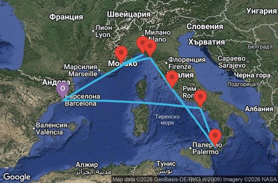 Маршрут на круиз 10 дни Испания, Италия, Франция - XC10M399